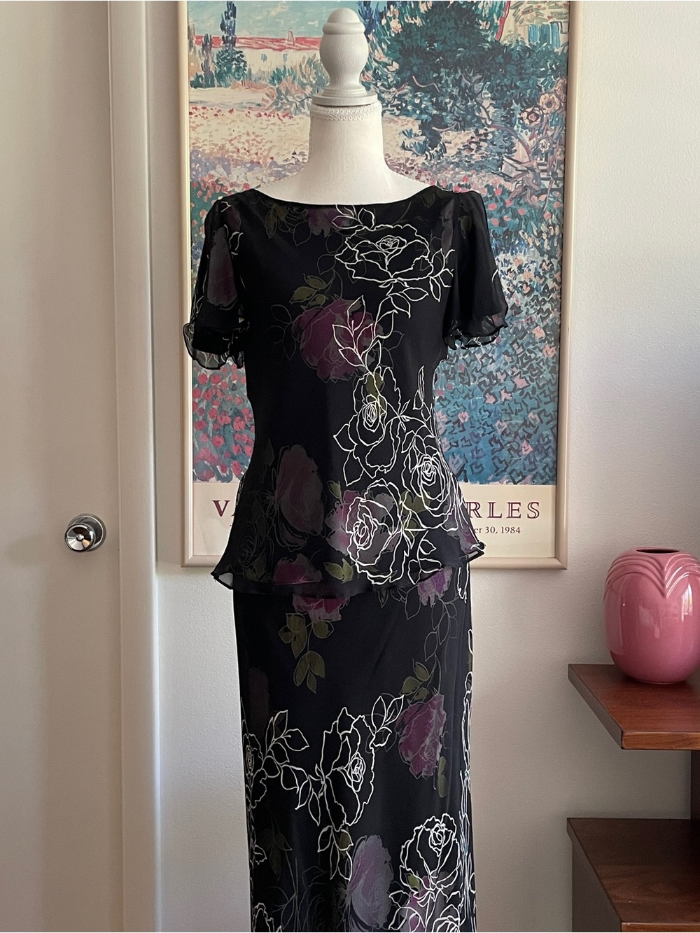Adrianna Papell Vintage Silk Top Maxi Skirt Set Floral Fairy Coquette Whimsy 90s